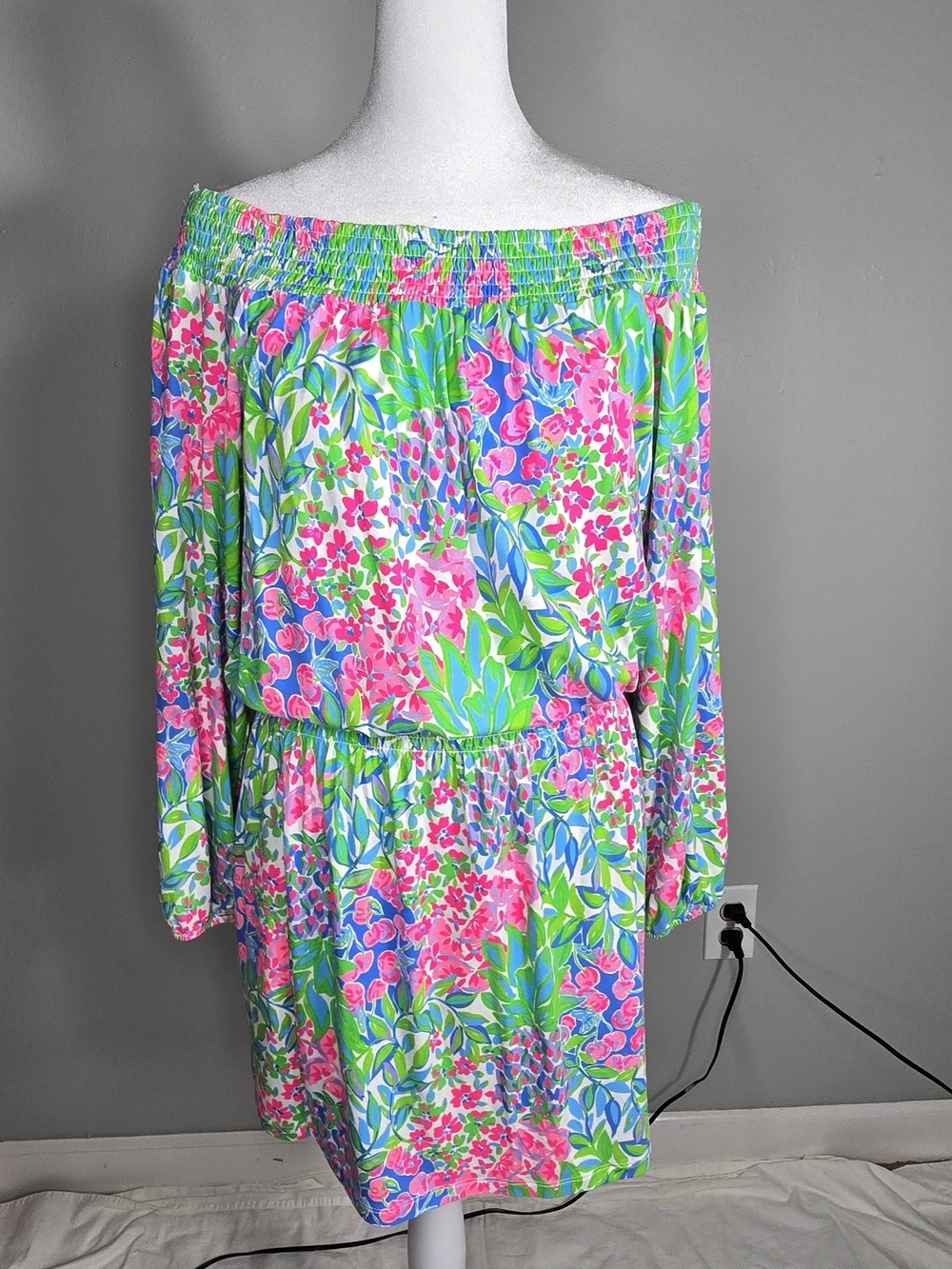 Lilly Pulitzer Off-Shoulder Floral Dress in Pink, Blue & Green - Picture 6 of 12